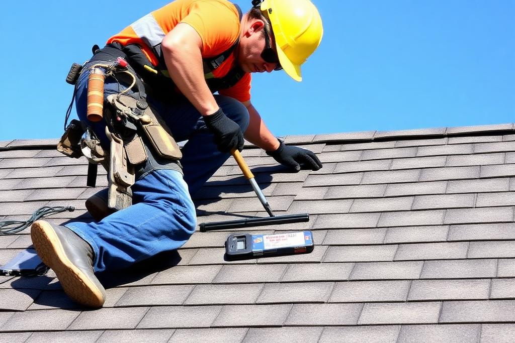 Roofer repairing asphalt shingles on a home roof